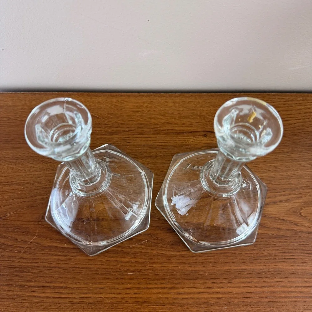 Vintage Pair Clear Glass Candlestick Holders Square Base Taper Candle Holders